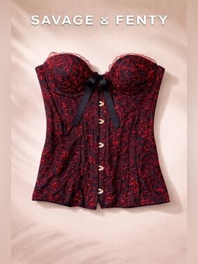 Savage X Fenty Black Red Lace Corset Bustier Top Lace-Up Back Size M